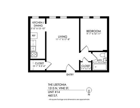 A black and white image of a floor plan for a one bedroom apartment.